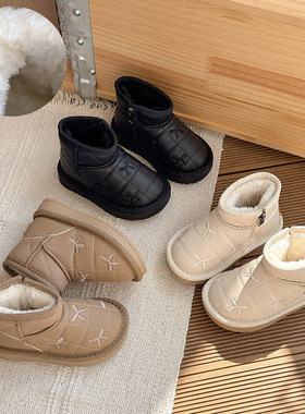 绣花蝴蝶结厚底雪地靴2025冬季新款韩版女童加绒加厚保暖防滑棉鞋