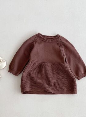 ins韩版女童毛衣裙子2024秋装新款中小童复古纯色长袖针织连衣裙