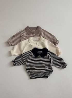 INS韩版童装毛衣男女孩2024秋季新款中小童翻领条纹百搭针织卫衣