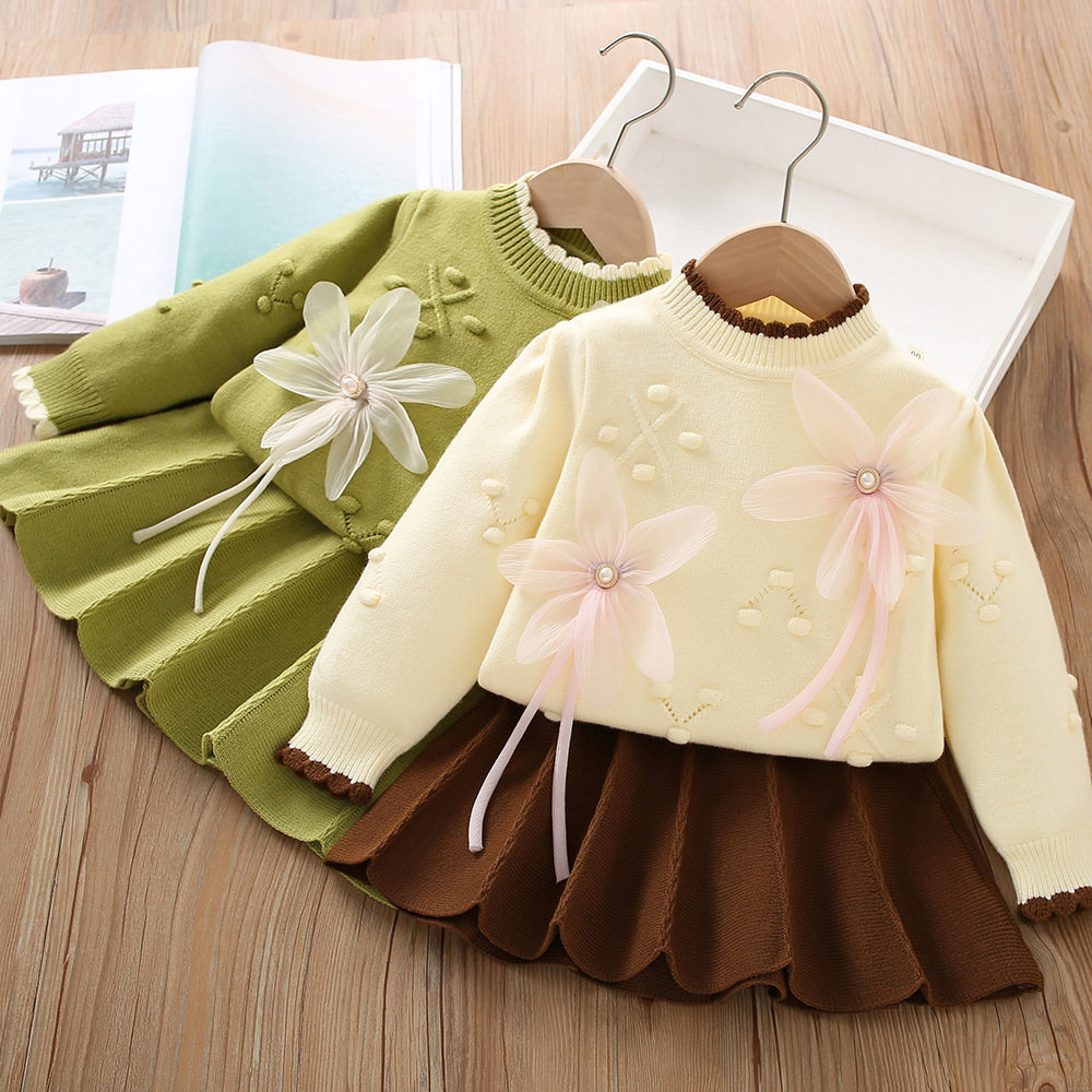 女童毛衣套装2024秋冬新款甜美花朵纯色毛线女宝宝套头短裙两件套