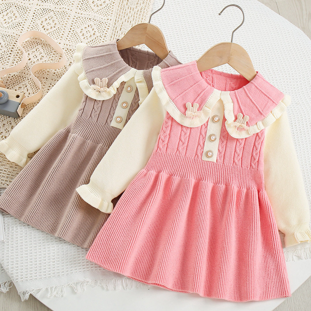 女童毛衣连衣裙2025秋冬新款韩版洋气娃娃领针织女宝宝套头毛线群