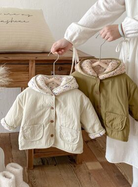 童装韩版中小童冬款加厚保暖抓绒连帽外套男女宝宝棉服两面穿棉袄