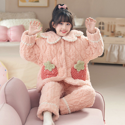 女童睡衣珊瑚绒冬季三层加绒加厚夹棉中大童公主女孩家居服套装3