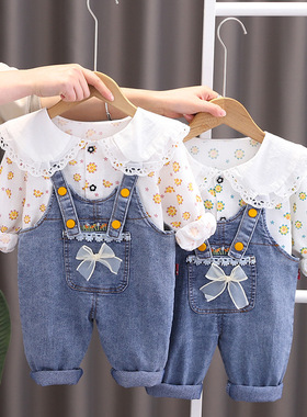 五小七童装2025春秋款新款0-5岁女童小碎花娃娃领牛仔背带两件套