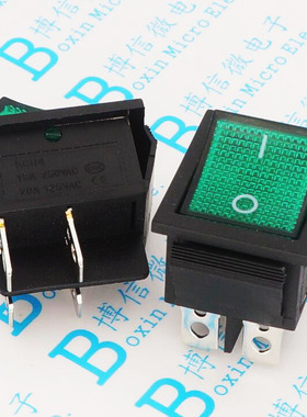 KCD4-201 绿色 四脚 4P船型开关 4脚2档 带灯 16A 250V 31x25mm