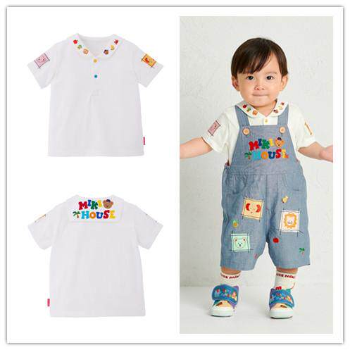 夏季新款日本制mikihouse刺绣贴布海军领短袖T恤内搭12-5401-144