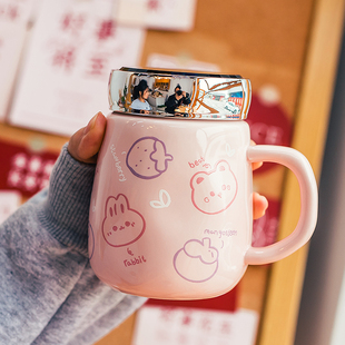 超可愛鏡面蓋卡通陶瓷杯帶勺網紅馬克杯少女心便攜大容量喝水杯子