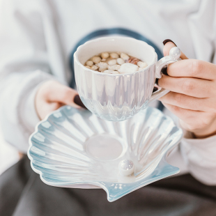 高级感珠光陶瓷水杯子女高颜值设计小众茶杯 珍珠贝壳咖啡杯碟套装