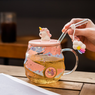 独角兽玻璃马克杯带盖勺玻璃吸管杯女生家用喝水早餐牛奶燕麦杯子
