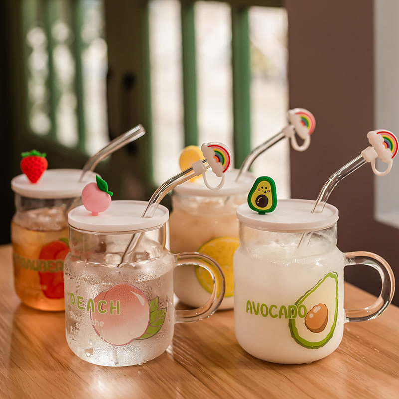 大容量水果玻璃杯可爱女生夏季ins风高颜值带盖吸管家用喝水杯子