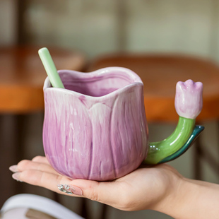 郁金香把手杯子设计感小众紫色陶瓷马克杯高颜值送女生日礼物水杯