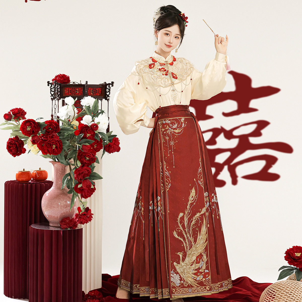 凤凰台上汉服女红色中国风结婚订婚敬酒服凤凰织锦马面裙套装