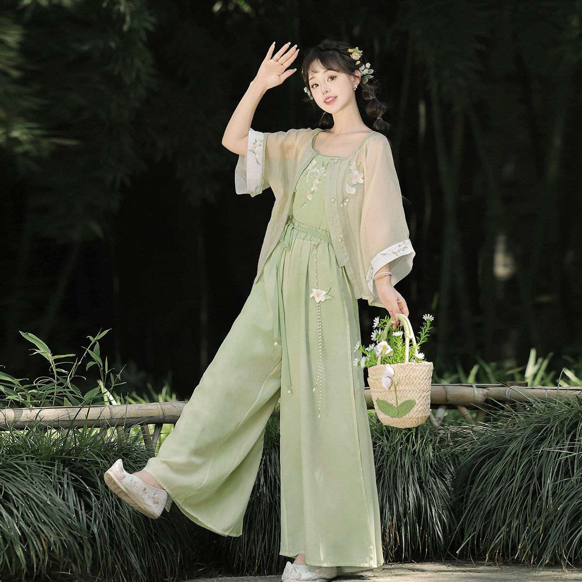 原创含露百合汉服女中国风改良汉元素上衣吊带长裤套装9211