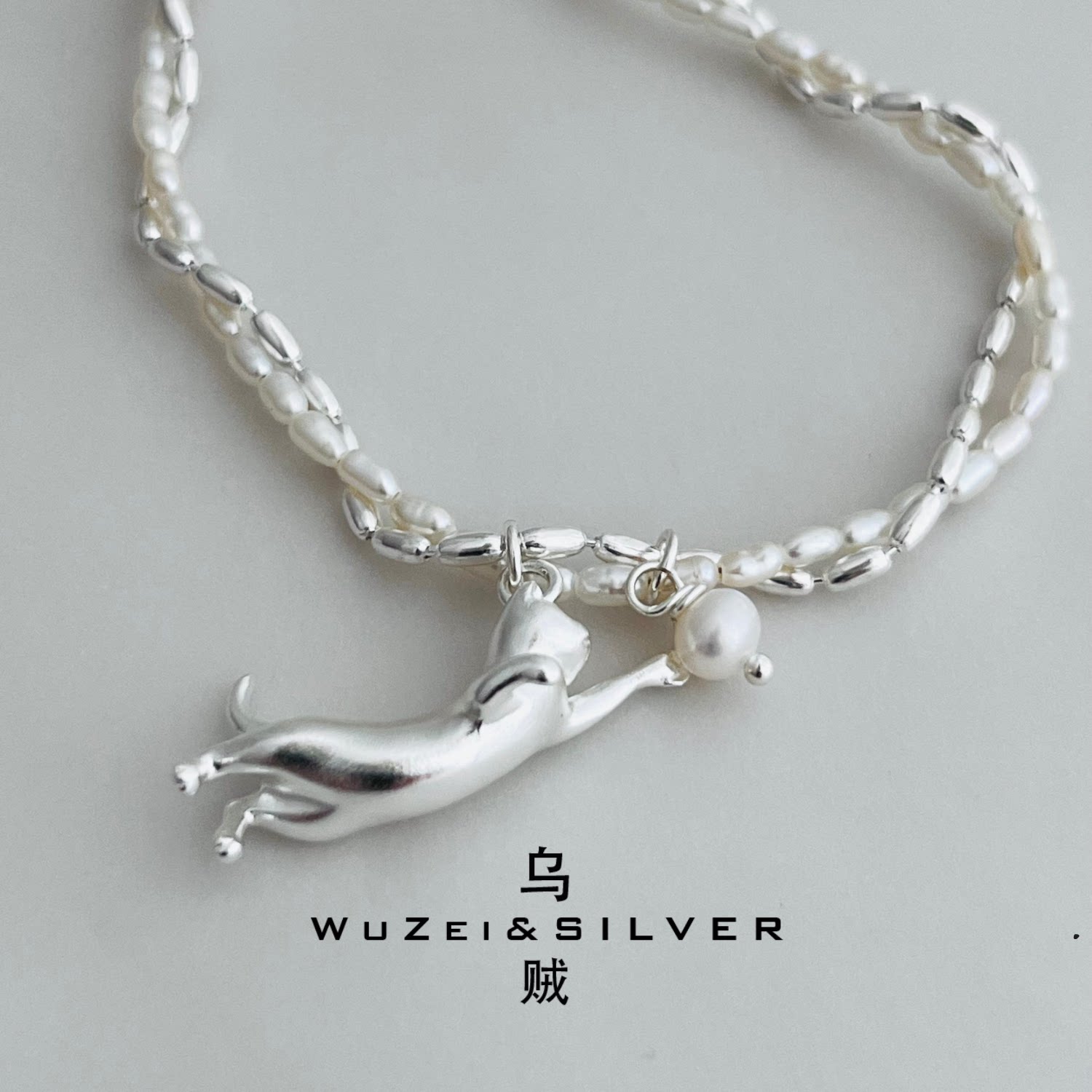 WZ&SILVER设计师款通体S925银天然珍珠小猫项链高级个性时尚百搭