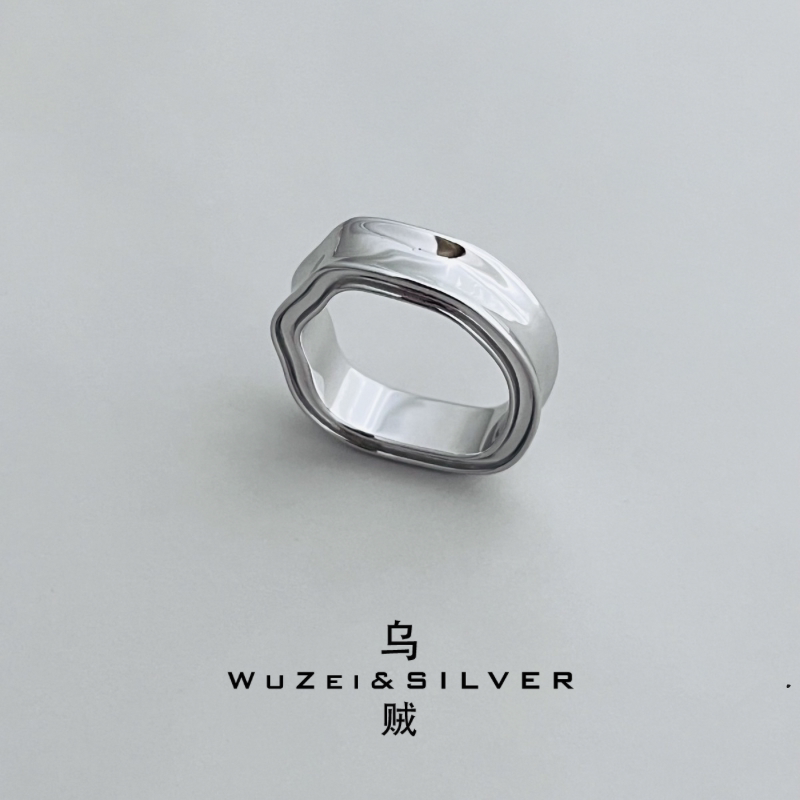 WZ&SILVER设计师款通体S925银镀铑金不规则戒指高级百搭时尚简约