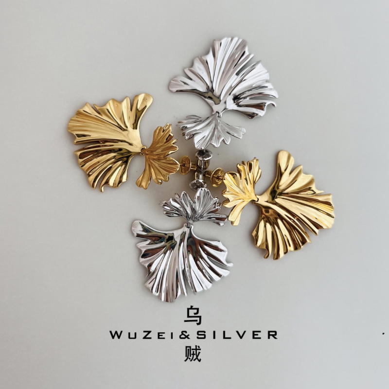 WZ&SILVER设计师款通体S925银镀铑金银杏叶耳环高级百搭时尚简约