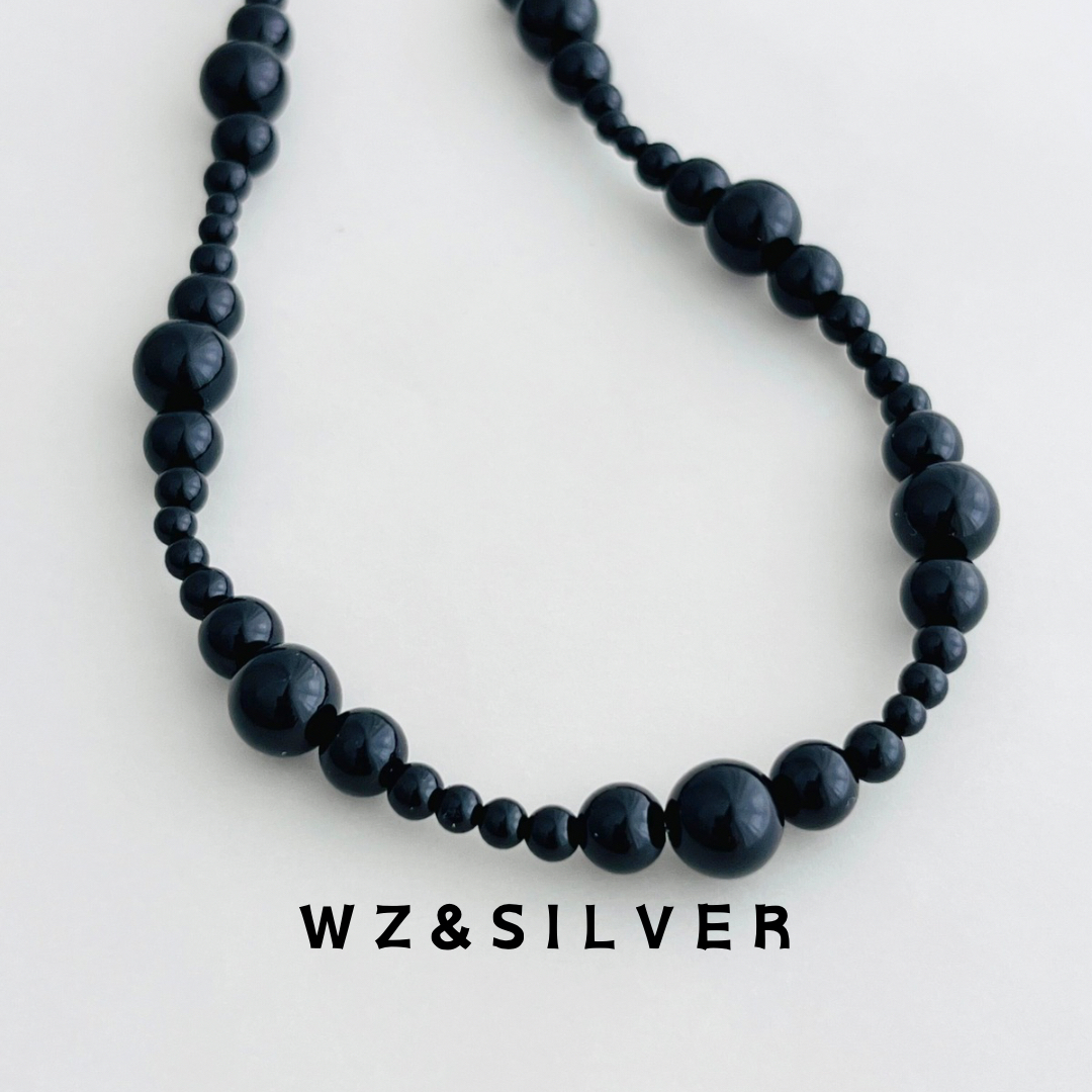 WZ&SILVER设计师款通体S925纯银天然黑玛瑙串珠项链高级简约百搭