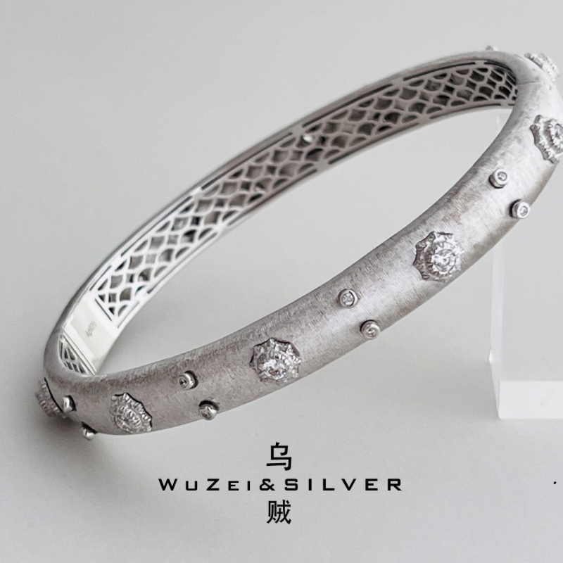 WZ&SILVER设计师款通体S925银镀铑金意大利拉丝复古手镯高级百搭