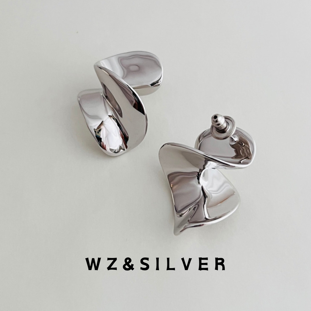 WZ&SILVER设计师款通体S925纯银镀铑金曲型简约小众高级时尚耳环