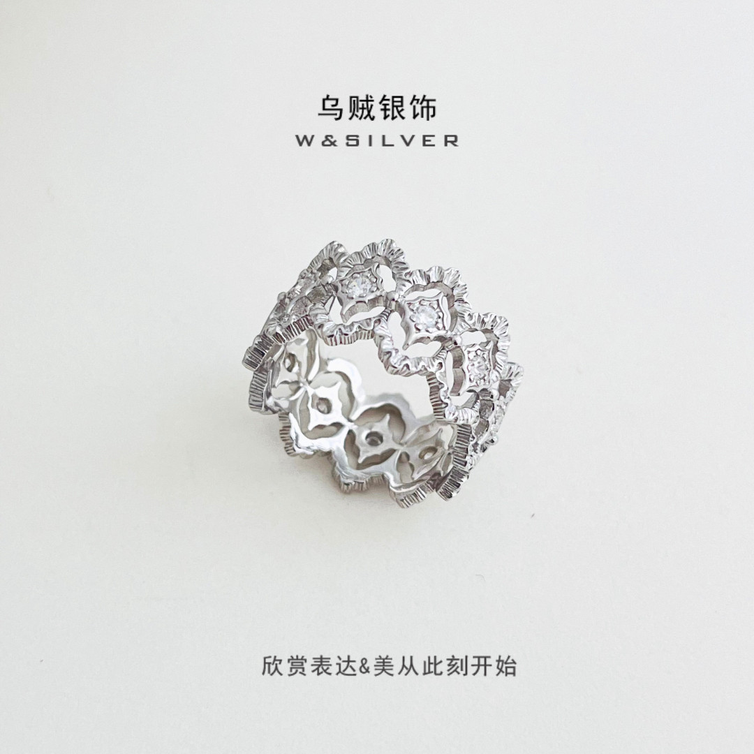 W&SILVER通体s925纯银精工满钻蕾丝戒指新款镂空高级质感戒指