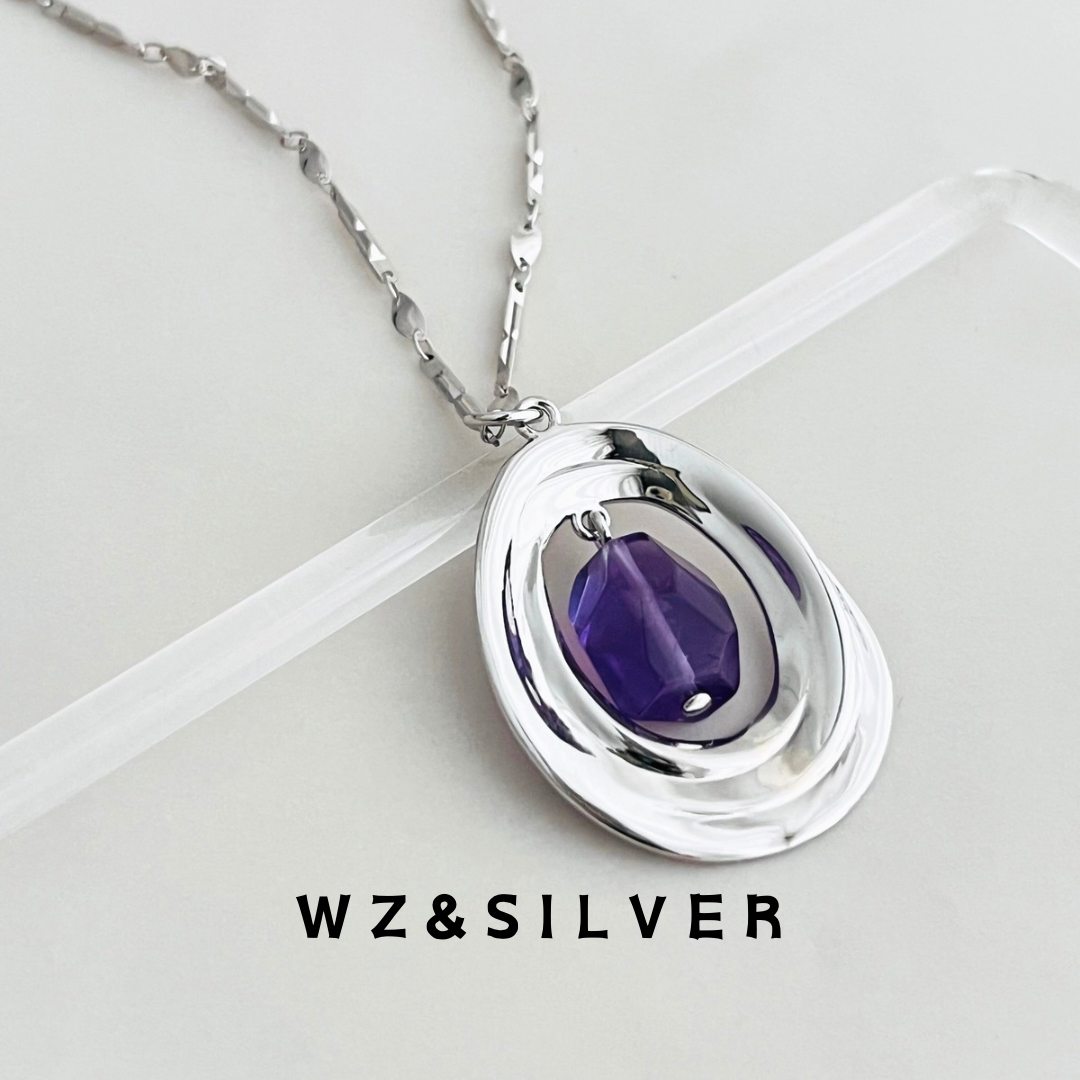 WZ&SILVER设计师款通体S925纯银镀铑金天然紫水晶项链高级小众