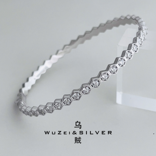 WZ&SILVER高定款通体S925银镀铑金蜂巢手镯高级百搭时尚简约