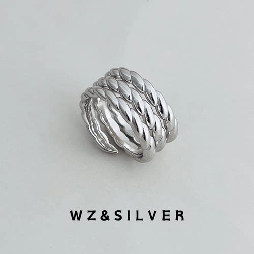WZ&SILVER设计师款通体S925纯银镀铑金蛇骨戒指高级简约气质百搭