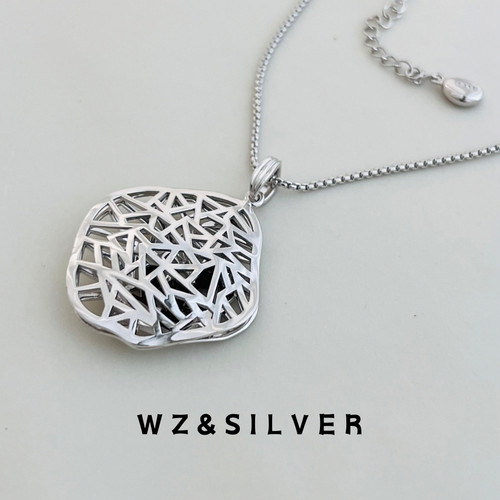 WZ&SILVER设计师款通体S925纯银镀铑金镂空线条吊坠项链小众高级