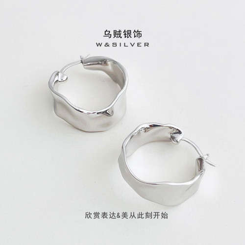 W&SILVER通体S925纯银不规则纹理耳圈耳扣时尚简约百搭耳饰个性
