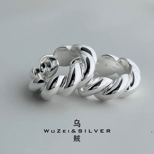 WZ&SILVER设计师款通体S925银复古麻花实心戒指高级简约百搭时尚