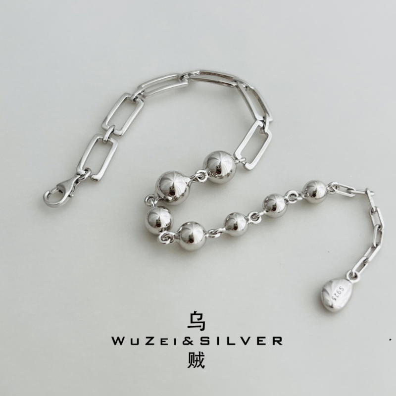 WZ&SILVER设计师款通体S925银镀铑金圆球手链高级百搭时尚简约