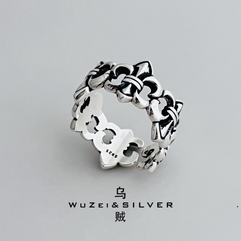 WZ&SILVER设计师款通体S925银做旧船锚鸢尾花开口戒指高级复古