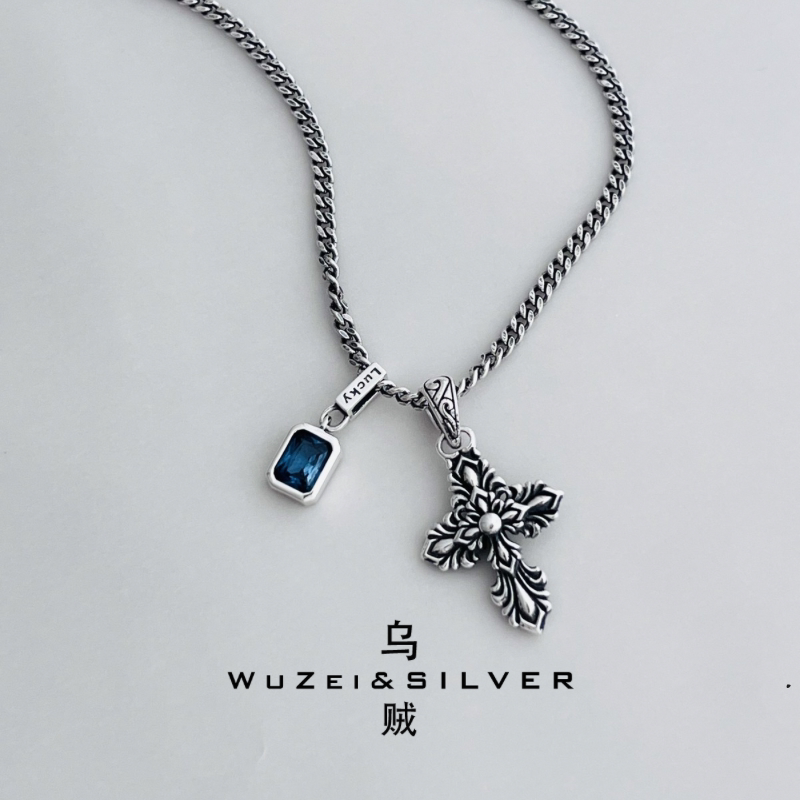 WZ&SILVER设计师通体S925银做旧复古十字架鸢尾花吊坠项链高级
