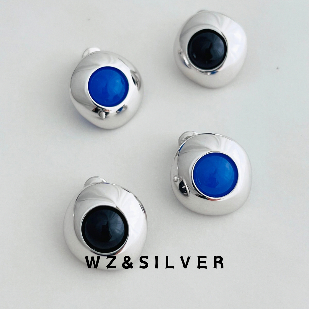 WZ&SILVER设计师款通体S925银天然黑玛瑙蓝玉髓耳钉高级小众简约
