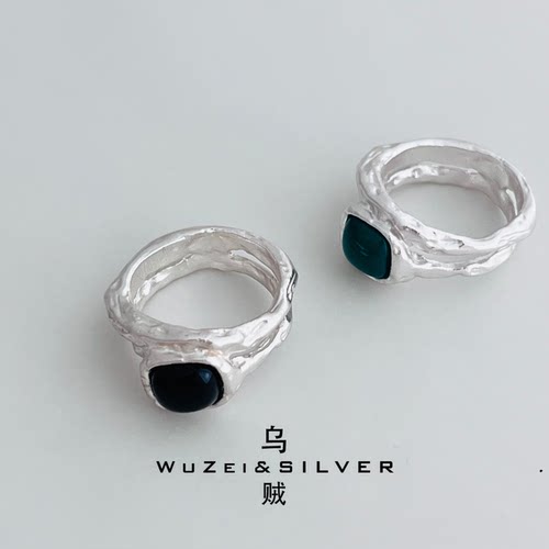 WZ&SILVER设计师款通体S925银手工不规则黑玛瑙戒指高级个性百搭