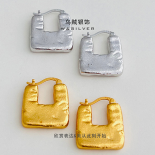 W&SILVER乌贼ABOAB同款秋冬耳饰925纯银极简手工指肌理方块片耳环