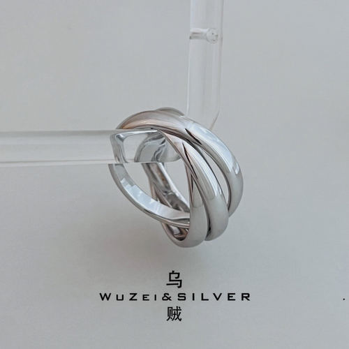 WZ&SILVER乌贼福利！通体S925银镀铑金三环戒指高级百搭时尚简约