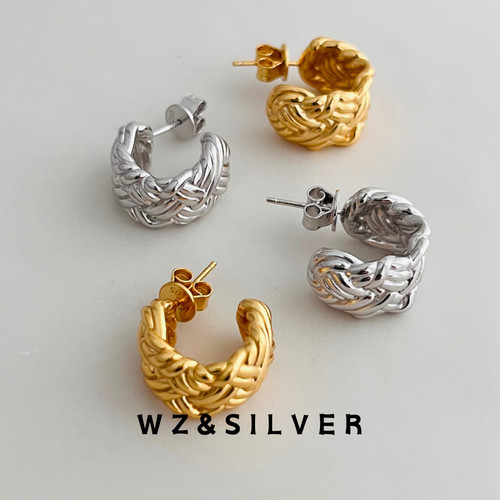 WZ&SILVER设计师款通体S925银经典麻花编织元素耳饰复古小众高级