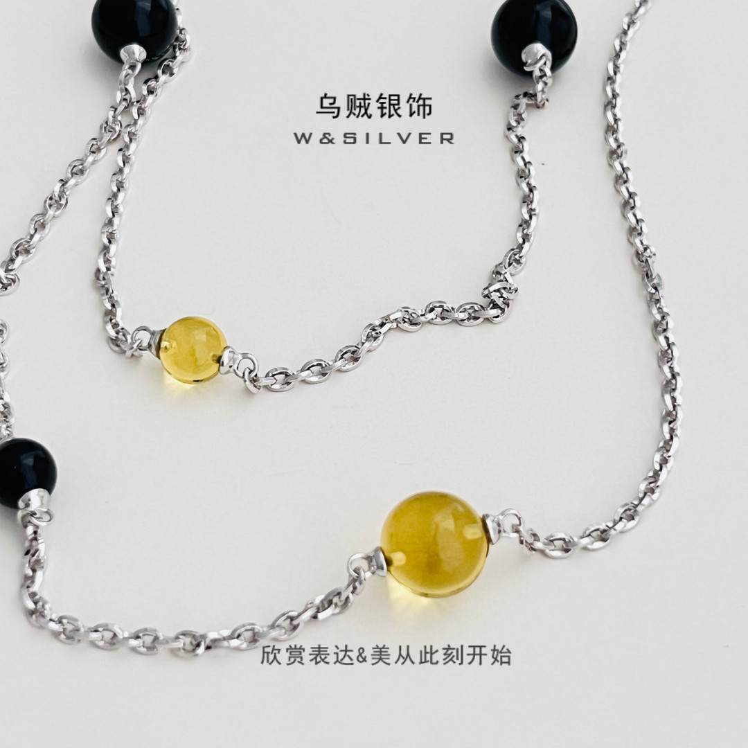 W&SILVER原创设计重磅西班牙进口蓝珀黑玛瑙纯银毛衣链小众高级