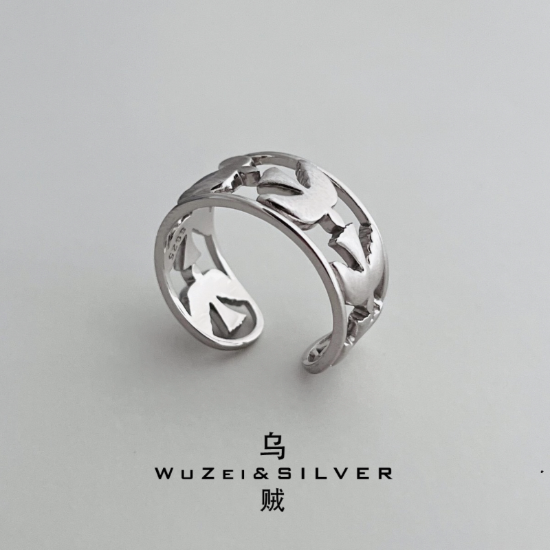 秒杀限购！设计师款通体S925银镀铑金飞鸟花园开口戒指高级百搭