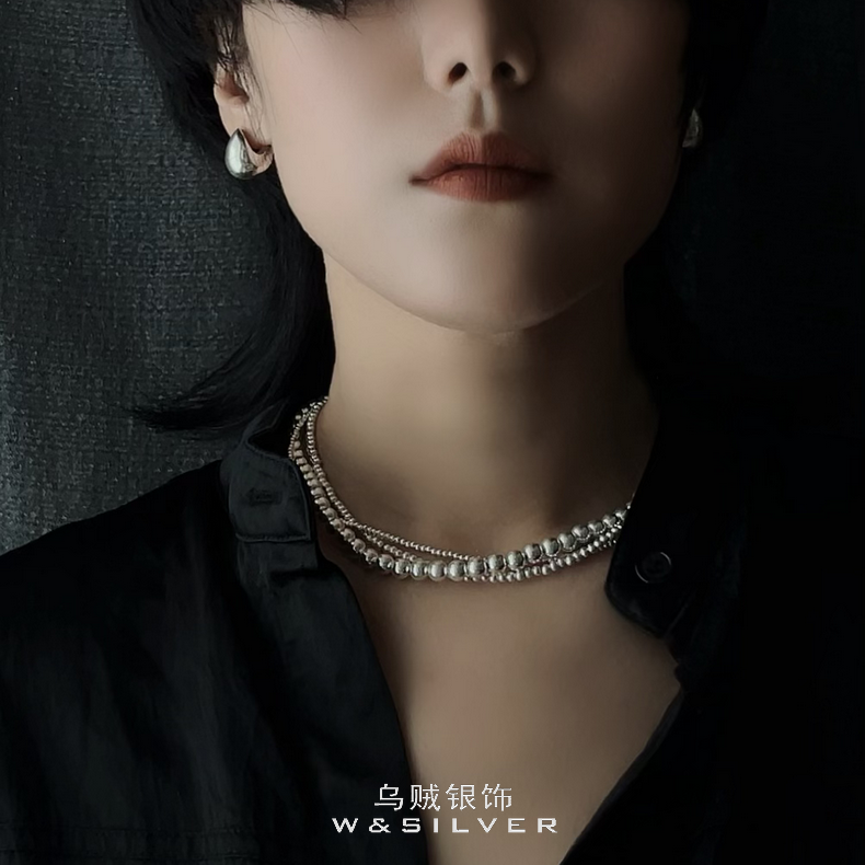 W&SILVER韩国东大门S925通体纯银圆珠小众设计渐变款项链