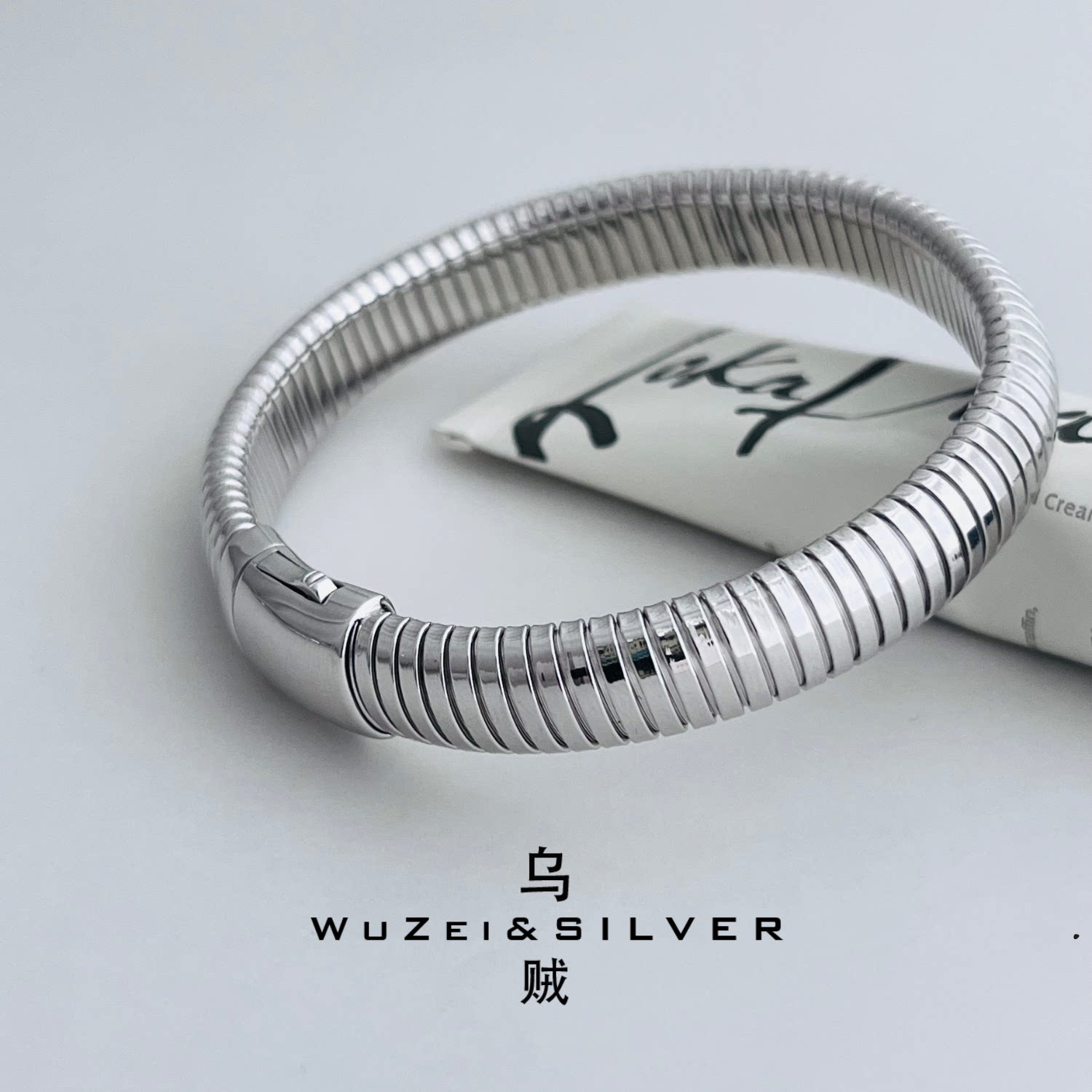 WZ&SILVER意大利通体S925银镀铑金煤气管手镯重工高级个性百搭