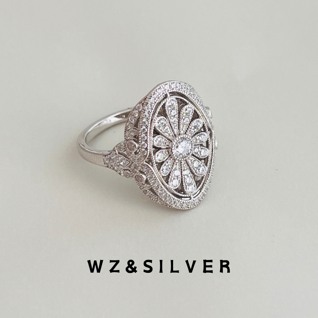 WZ&SILVER高定款通体S925纯银烟花满钻镶嵌花朵戒指华丽高级感