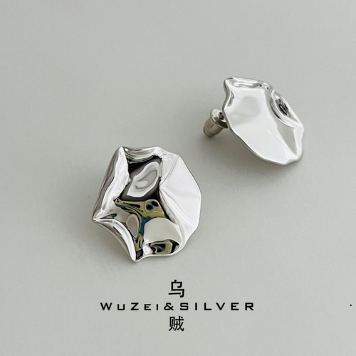 WZ&SILVER设计师款通体S925银镀铑金不规则卷边圆叶耳饰高级简约
