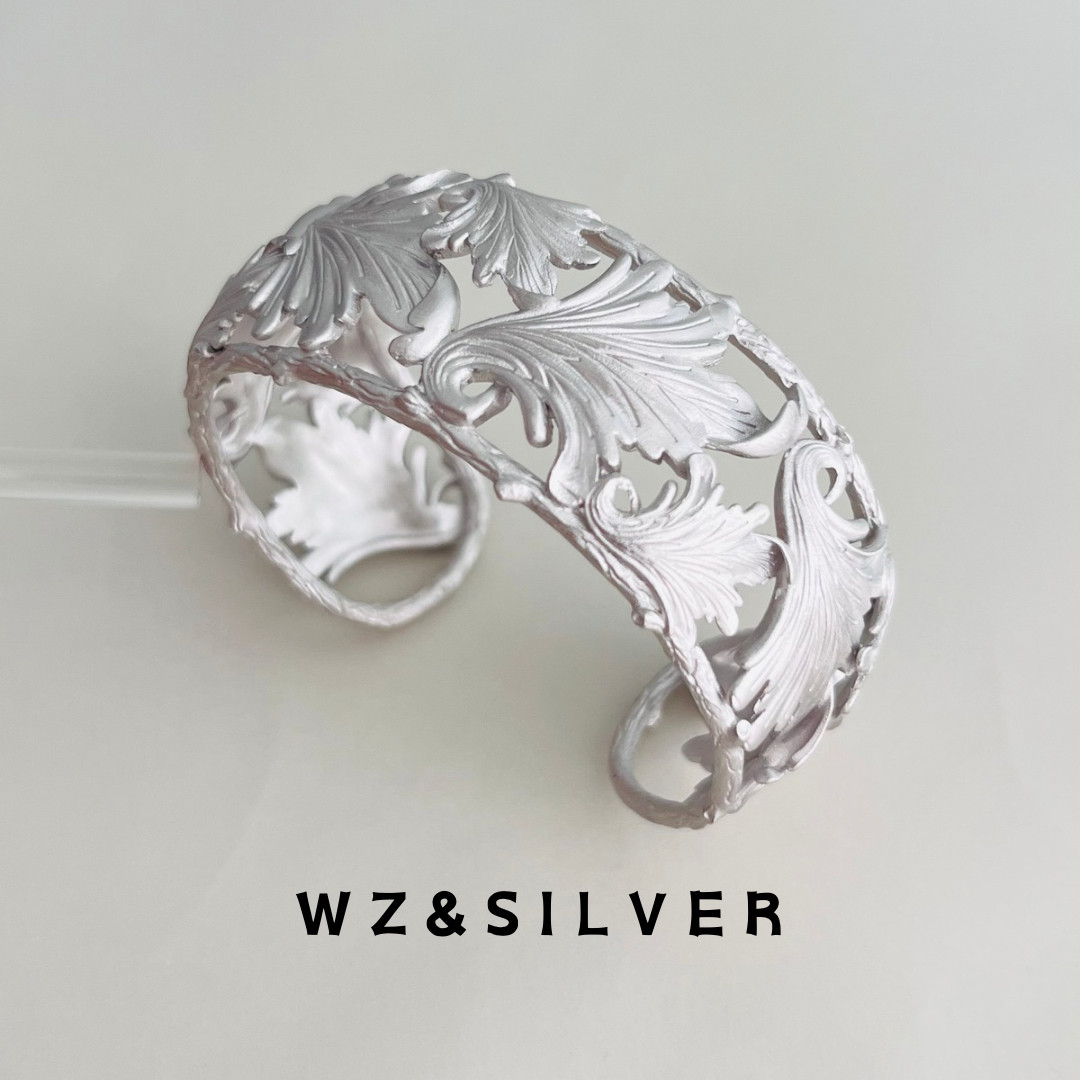 WZ&SILVER乌贼原创款通体S925纯银卷草纹雕花手镯自然系复古风