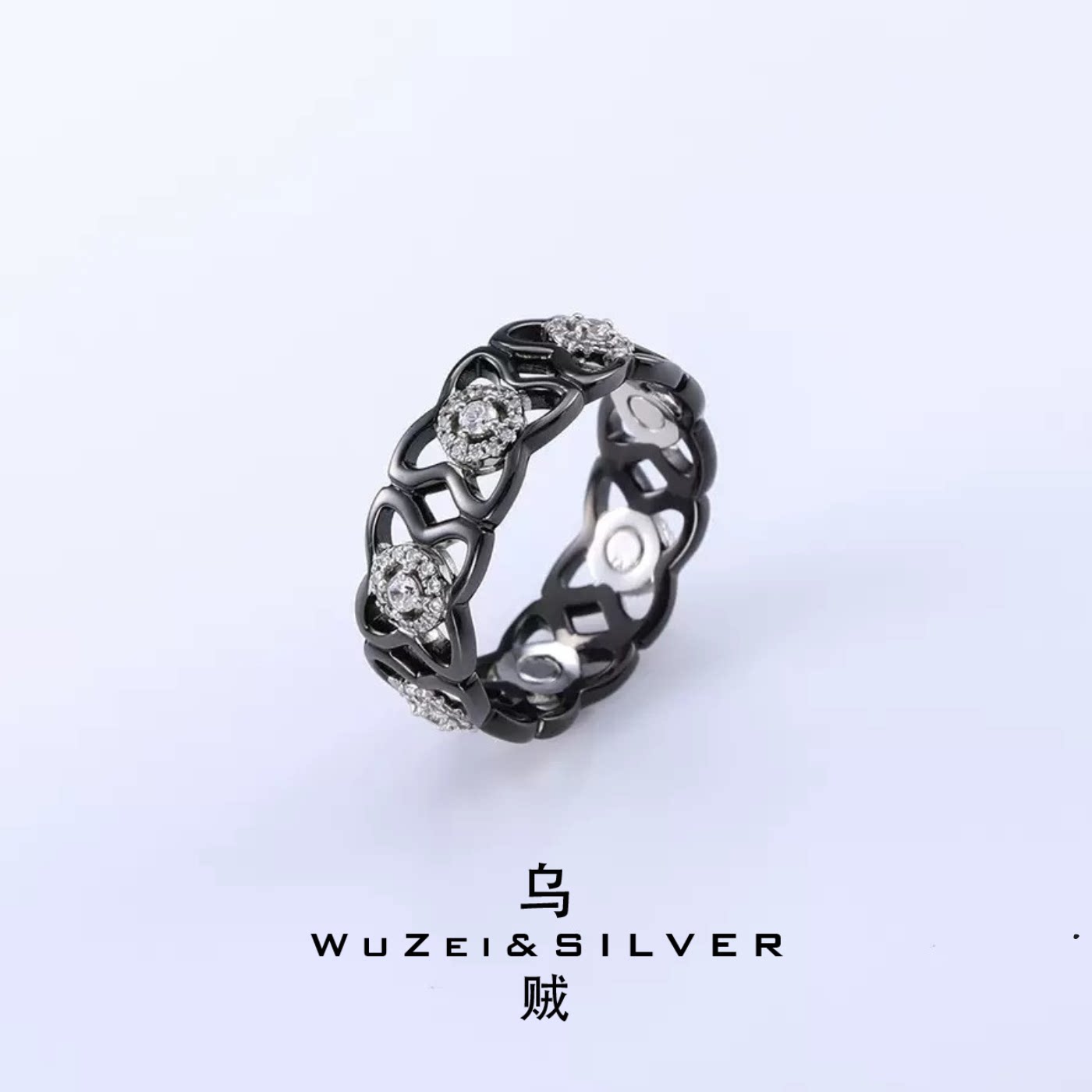 WZ&SILVER设计师款通体S925银镀铑金蕾丝镶钻戒指高级轻奢个性
