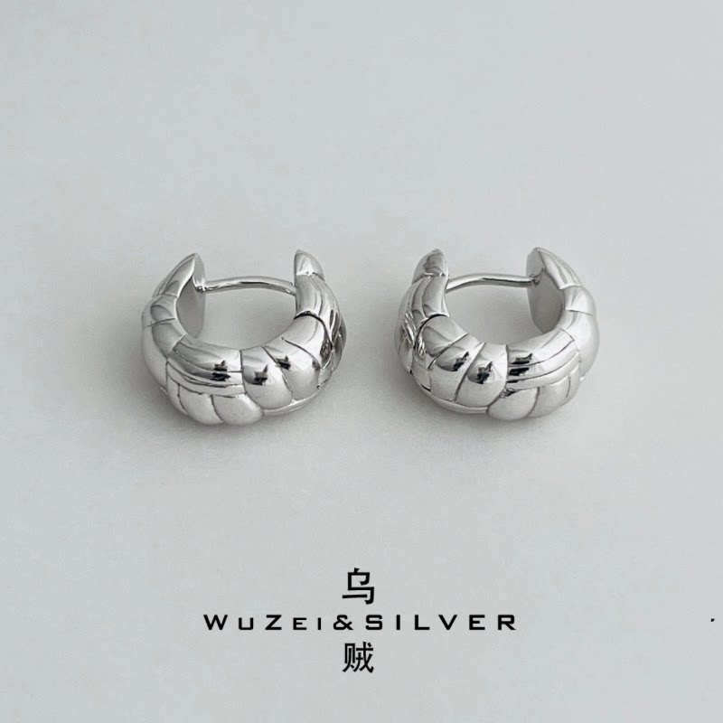 WZ&SILVER设计师款通体S925银镀铑金编织线条圈圈耳环高级复古