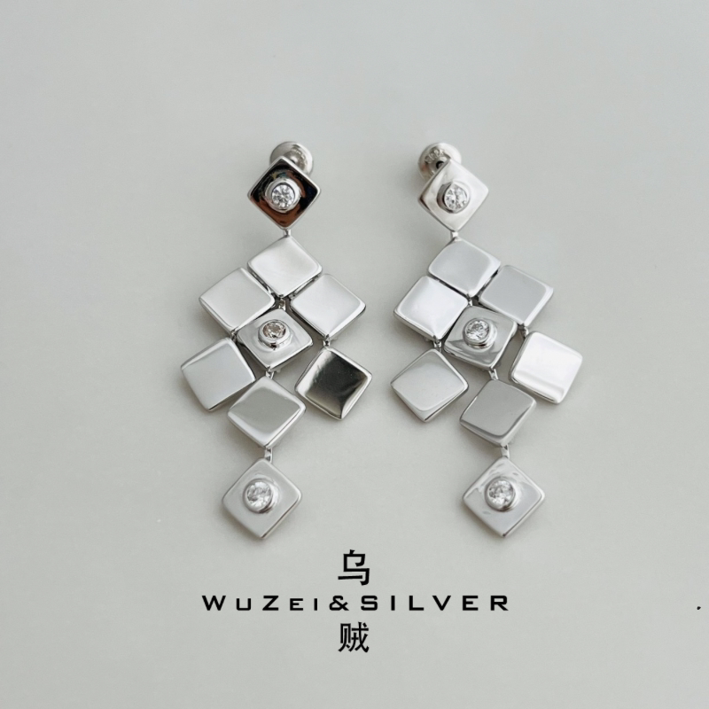 WZ&SILVER设计师款通体S925银镀铑金菱形耳环高级百搭时尚简约