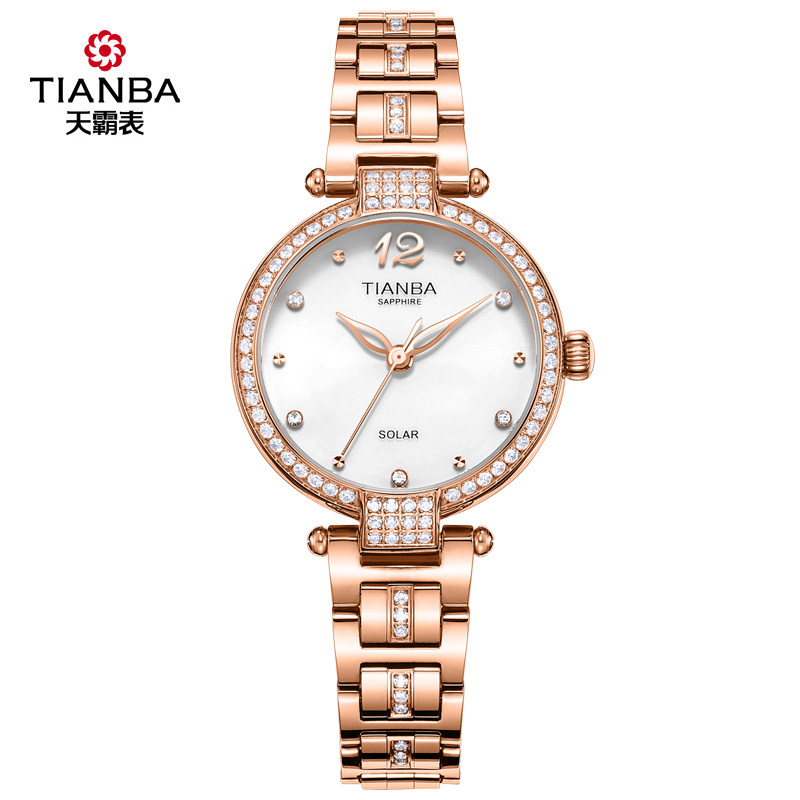 天霸新款时尚潮流女士手链表太阳能光能表镶钻石英手表女表9016
