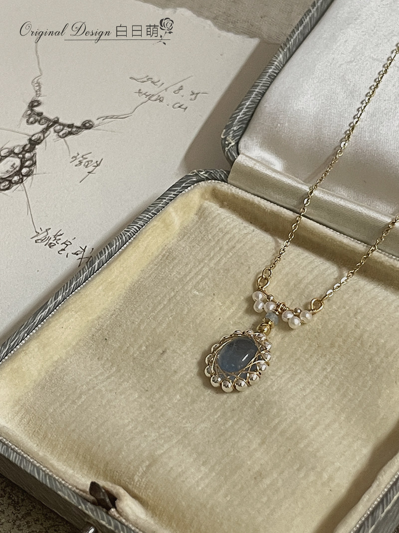 thumbnail for "Afternoon Flower" original vintage gift: aquamarine pearl necklace, light luxury niche sterling silver collarbone chain, sweater chain